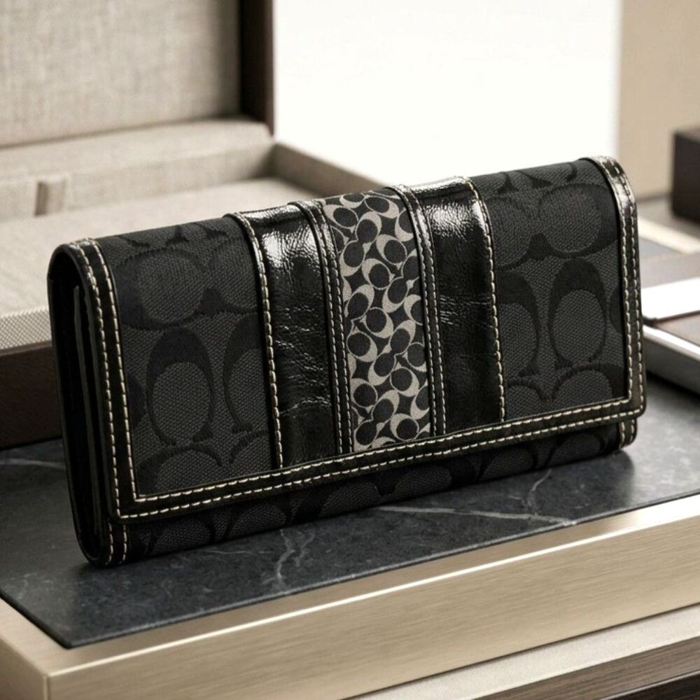 Coach Womens Black Jacquard Canvas Patent Leather C Signature Slim Wallet